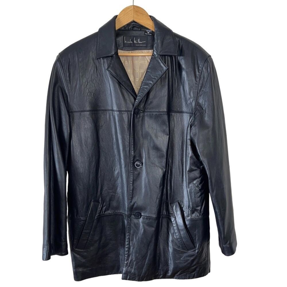 Nicole Miller Leather Button Down Quilted Lined Blazer Jacket Black Size M
